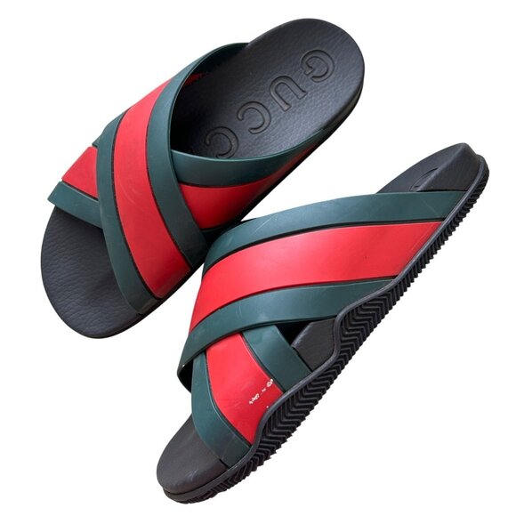Gucci Mens Sz 10 Agrado Web Stripe Slide Sandal - Picture 1 of 12